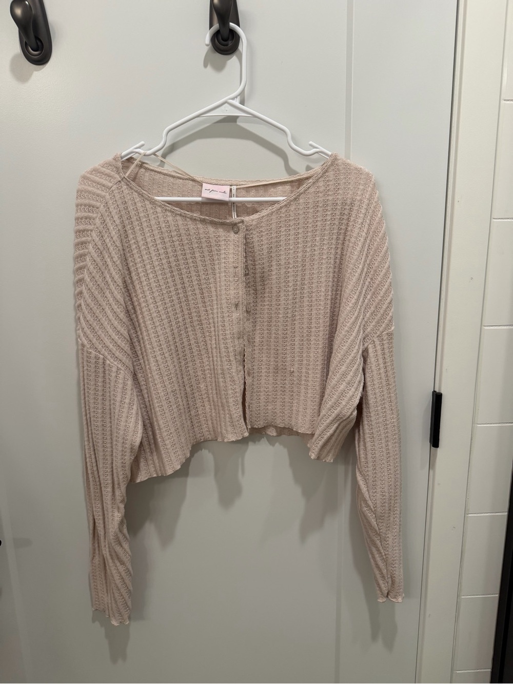 Waffle-Knit Cropped Button Cardigan - Blush